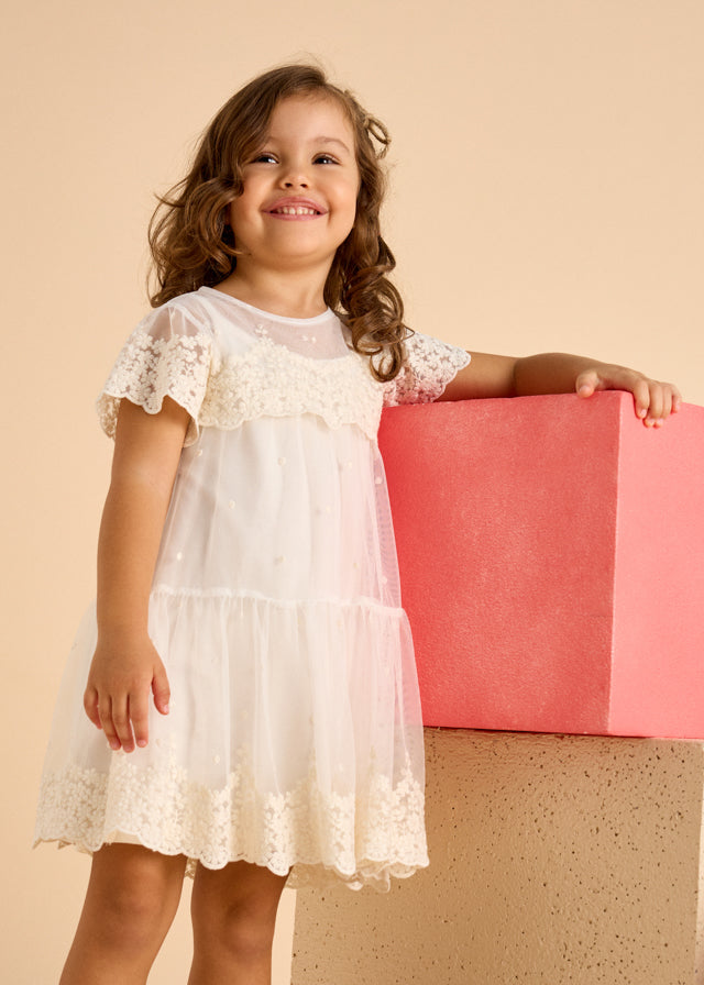 Mayoral - Bone Embroidered Tulle Dress