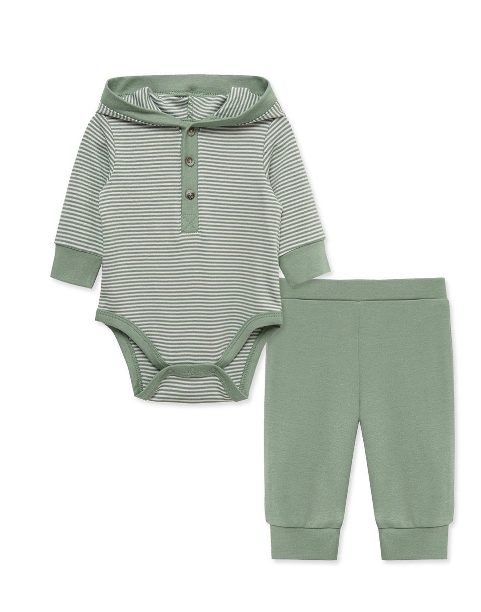 Hooded Body Suit Set-Sage Green Stripe