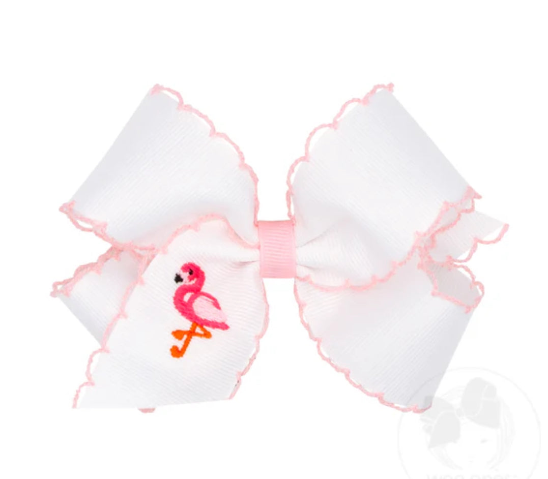 King Grosgrain Bows with Moonstitch Edge and Flamingo Embroidery