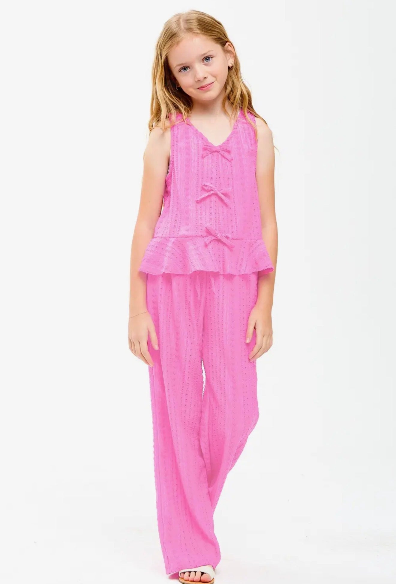 Embroidered Eyelet Wide Leg Pant Set-Pink