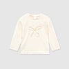 Long Sleeve Beige Tee Shirt with Gold Glitter Bow