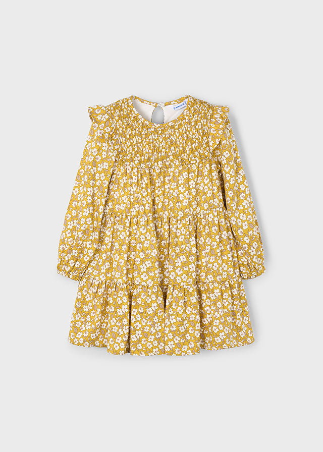 Smocked Floral Print Dress-Mustard