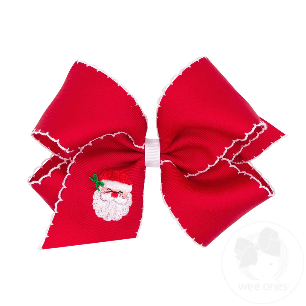 Wee Ones Med Grosgrain bow with Moonstitch Edge Santa Embroidery