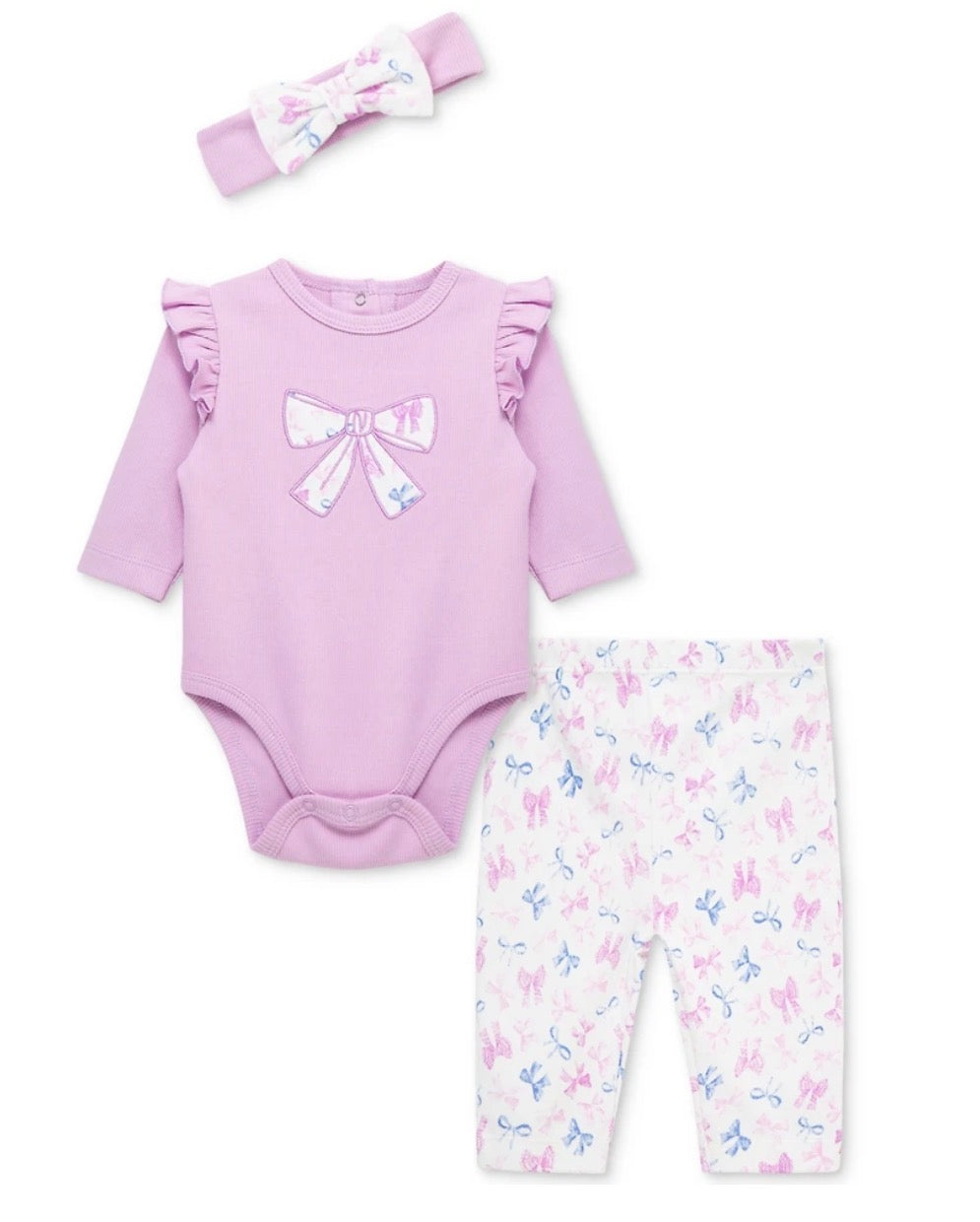 Baby Girls Pretty Bows Cotton Headband, Bodysuit & Pants Set
