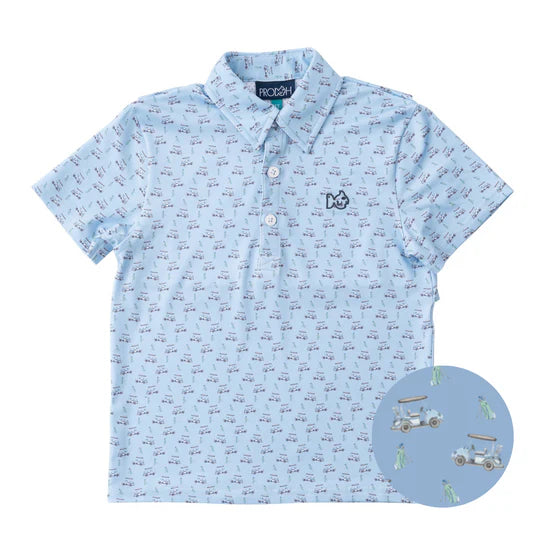 Prodoh Boys' Short Sleeve Pro Performance Polo Powder Blue Golf Cart Print