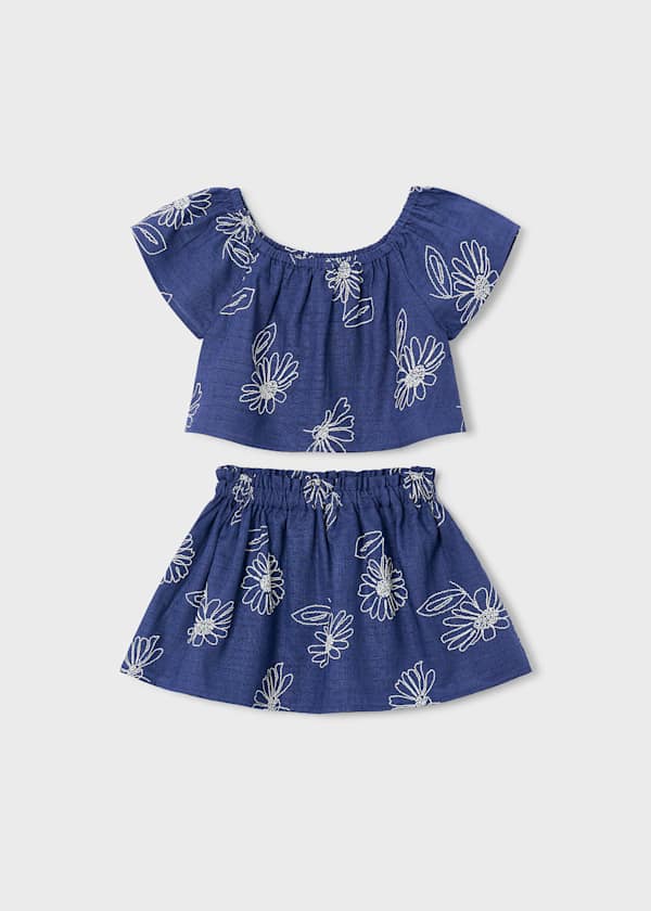 Girls Linen Blue and White Flower Skirt Set