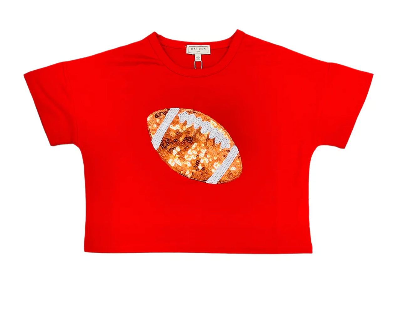 Girls Cropped Red Tee with Sequin Football