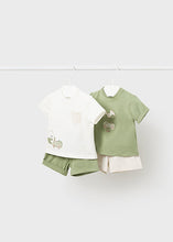 Load image into Gallery viewer, Mayoral Cream and Sage Green Short Set-2 Piece Set with Bear and Car Appliqué
