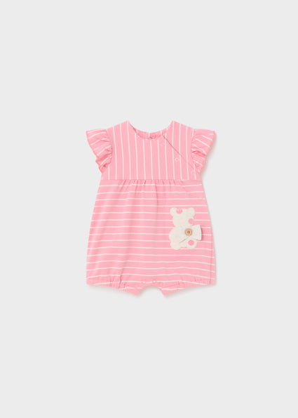 Mayoral Pink Striped Teddy Bear Appliqué Romper