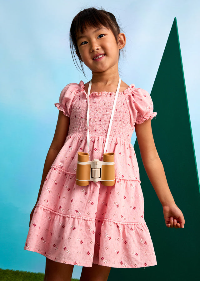 Girl's Printed Smocked Dress- Salmon