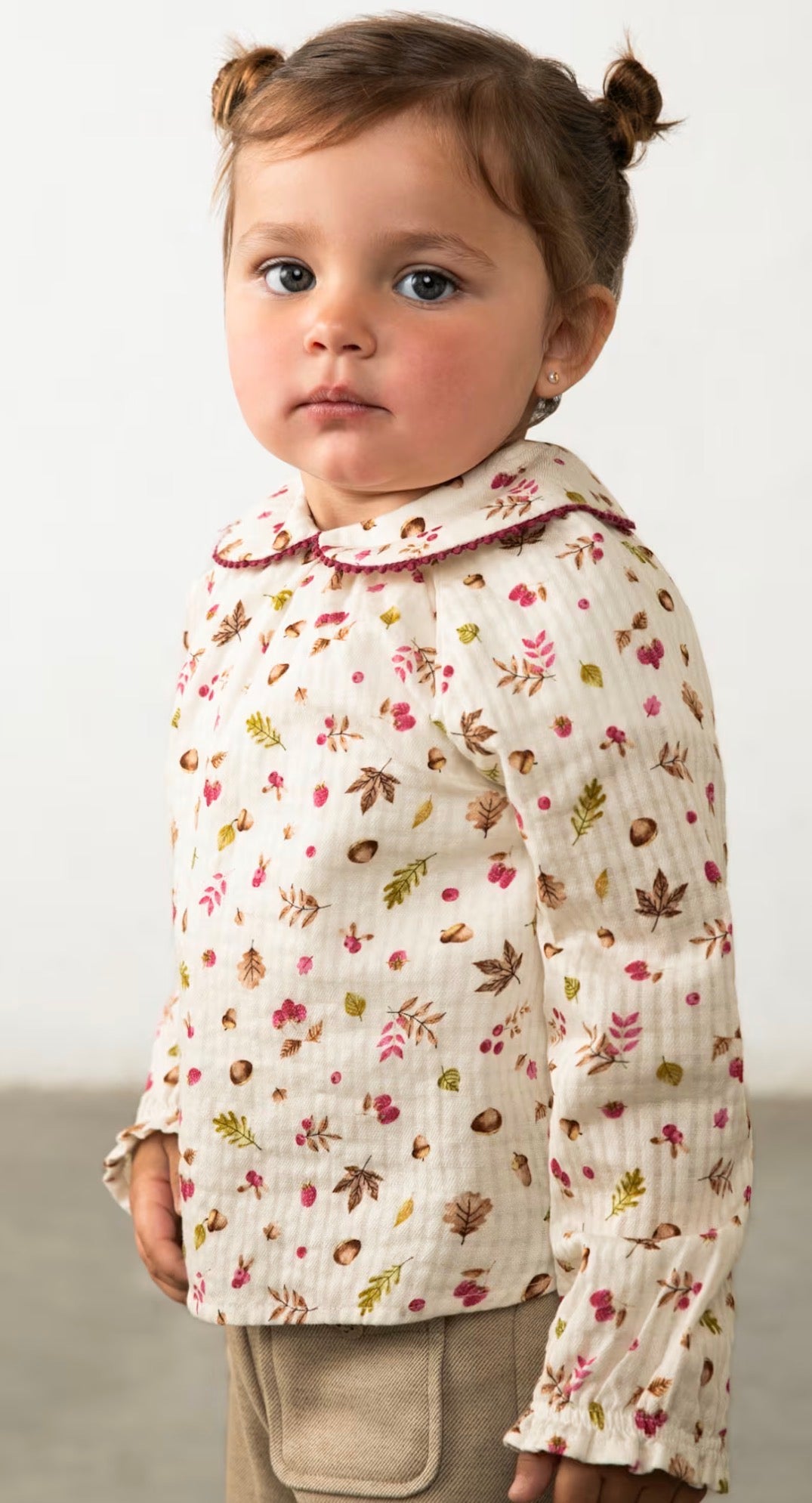 Floral/Acorn Print Long Sleeve Girls Collared Top