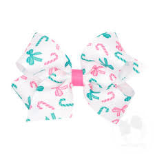 Wee Ones Med Holiday-Candy Cane & Bow Print Pink and Aqua Grosgrain Hair Bow