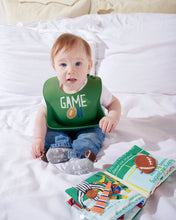 Load image into Gallery viewer, Mudpie Football Silicone Bib and Rattle Set
