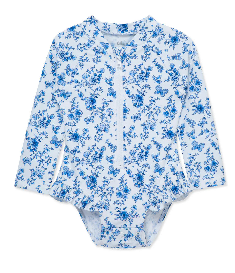 Blue Floral 1-Piece Rashguard Swimsuit