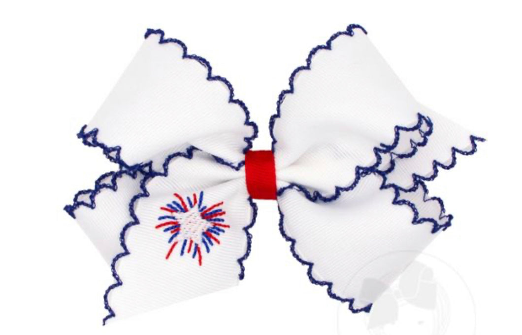 Wee Ones Medium White Star Firework Embroidery with Royal Moonstitch Edge Bow
