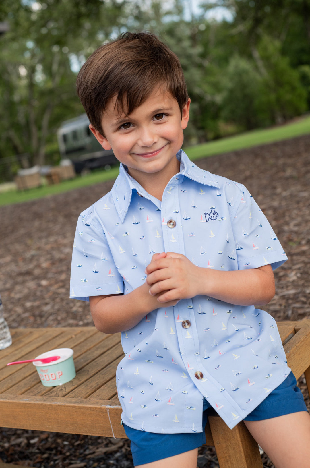 BOYS' SHORT SLEEVE BUTTON DOWN SHIRT —
WINDSURFER BOATS IN THE BAY PRINT