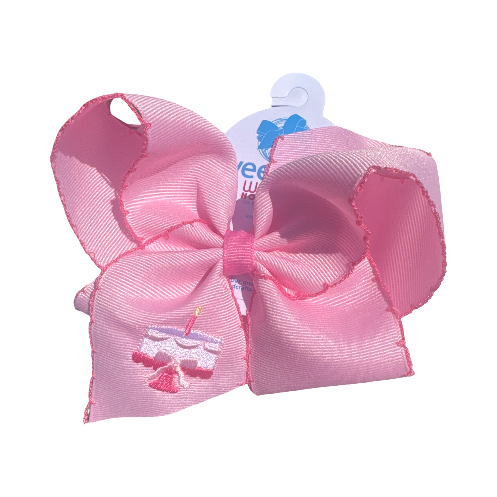 Medium Grosgrain Hair Bow with Moonstitch Edge with Birthday Cake Embroidery