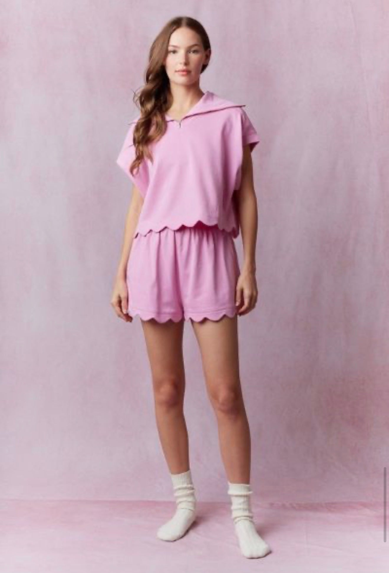 French Terry Scallop Hem Dolman Sleeve Top