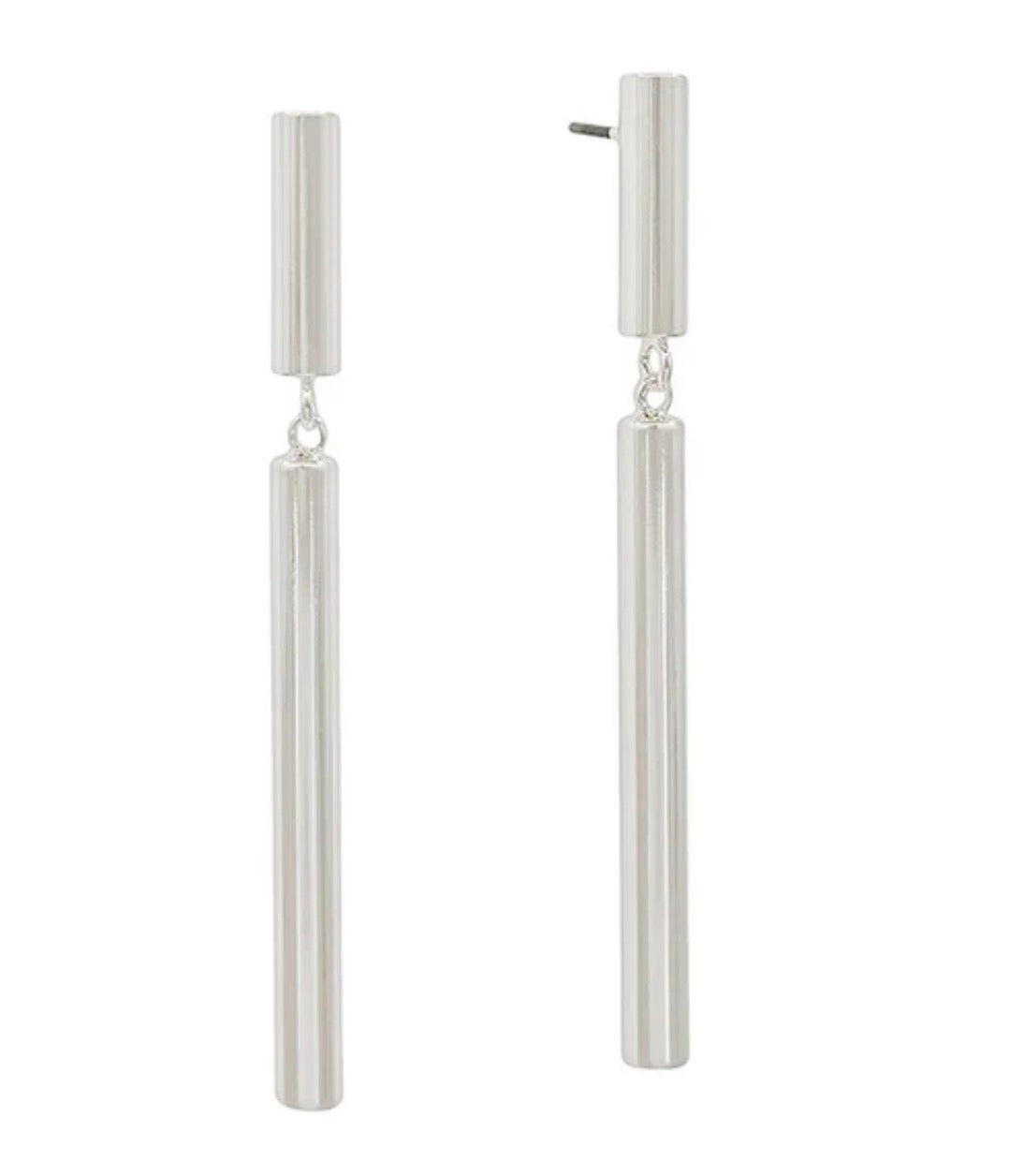 Cylinder Bar Silver Tone Drop Earrings 2”