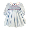 BLUE DOT PRINT DRESS WITH CORDED SMOCKING