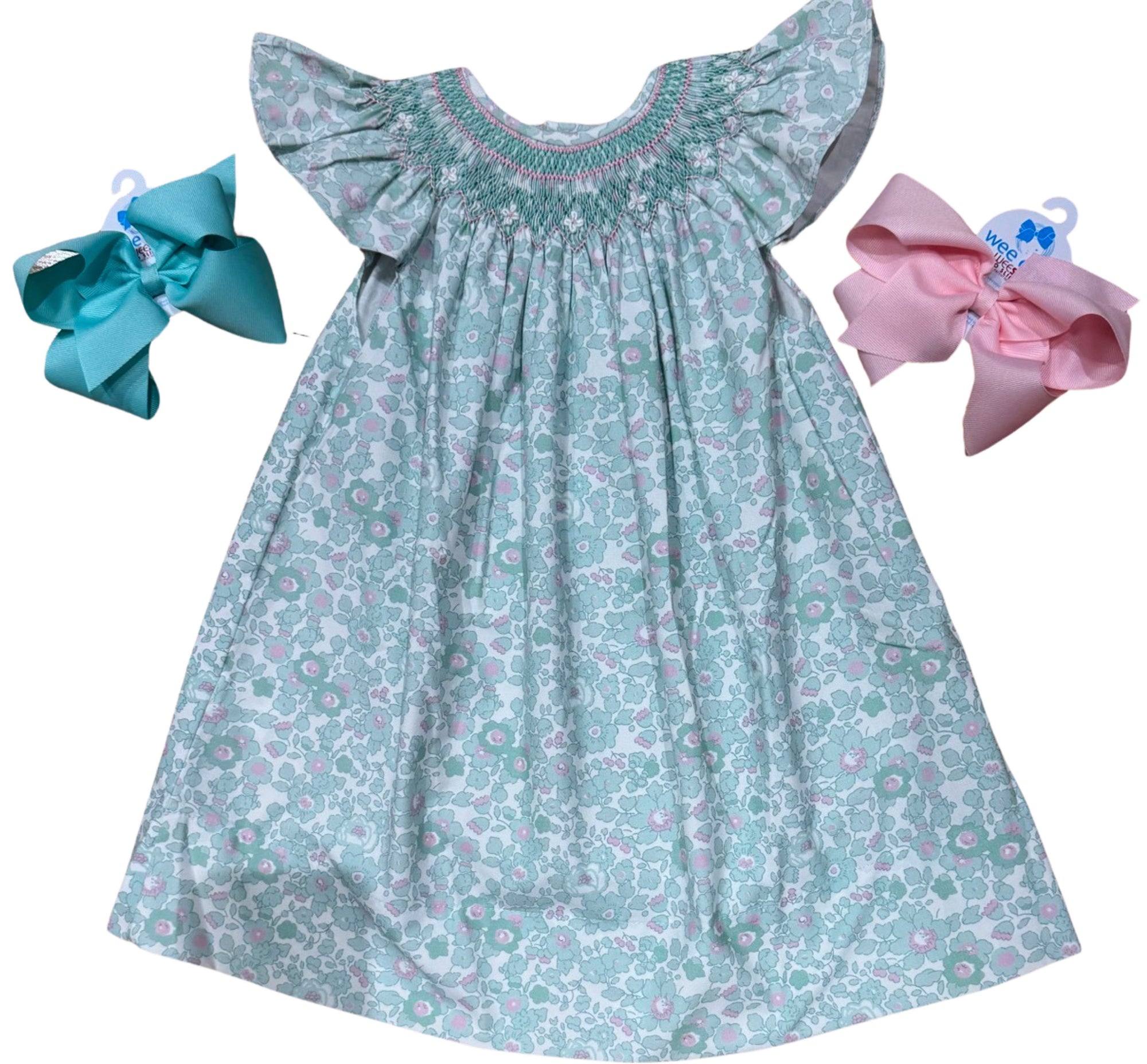 Sweet Dreams Marie Smocked Bishop Dress Teal Green Floral Print