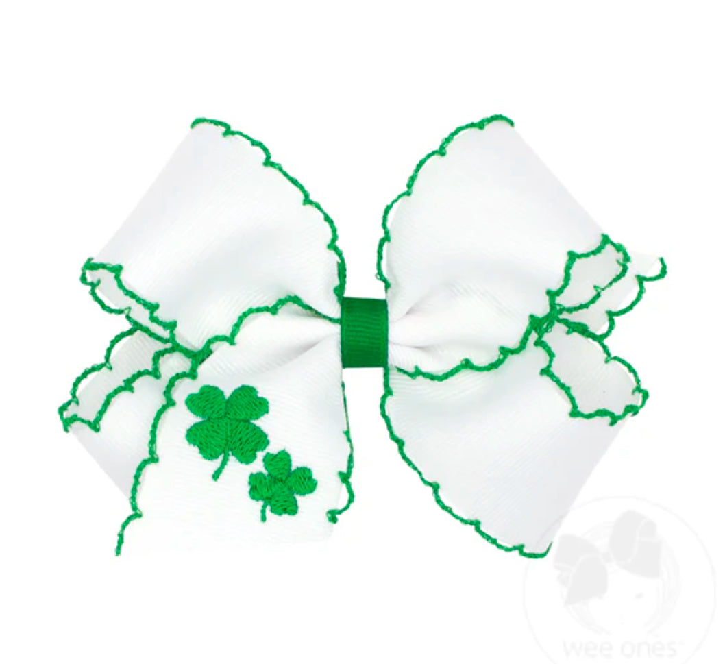 Medium Grosgrain Bows with Moonstitch Edge & Shamrock  Embroidery