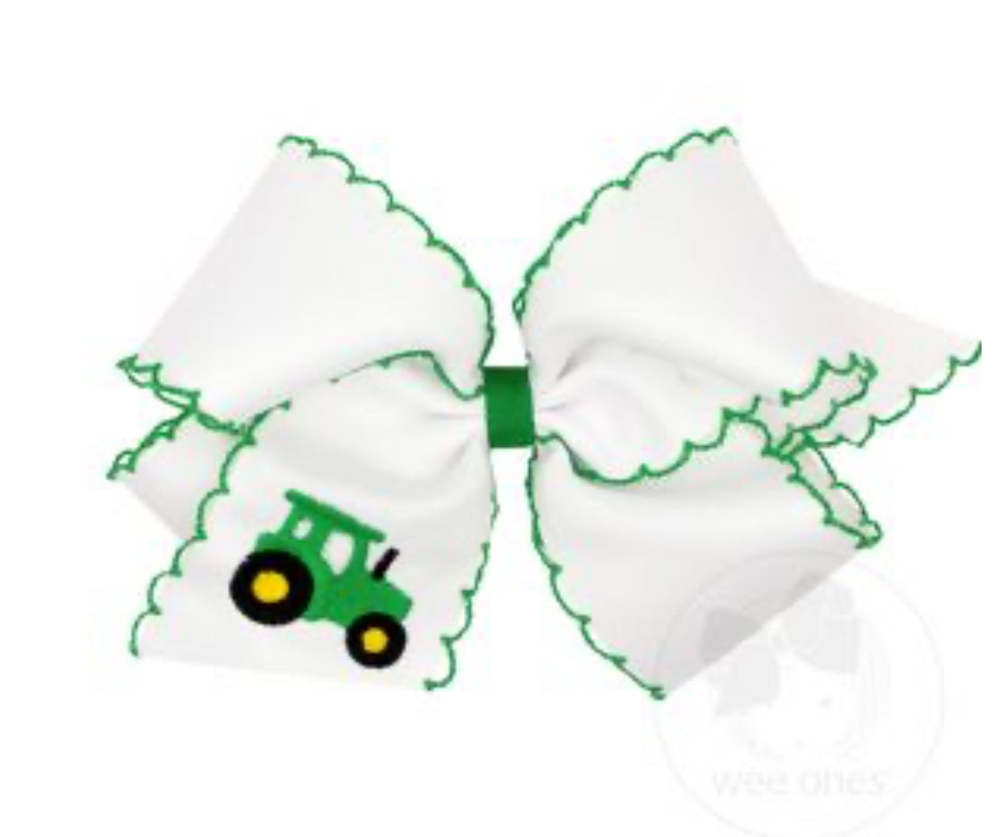 King Wee Ones Tractor Embroidered on Moonstitch Bow