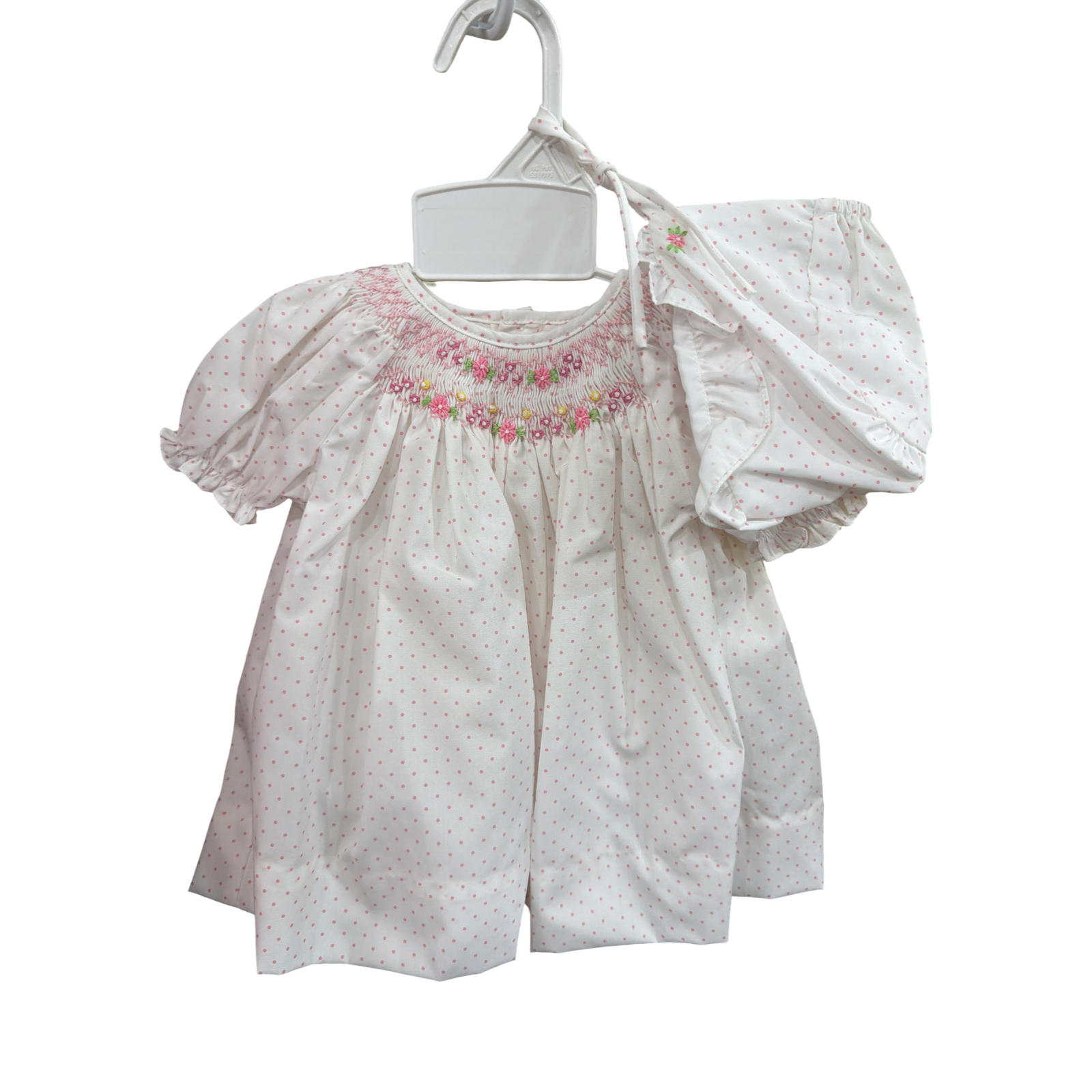 Smocked NB Bishop Dress  and Bonnet in with Rosebud Embroidery