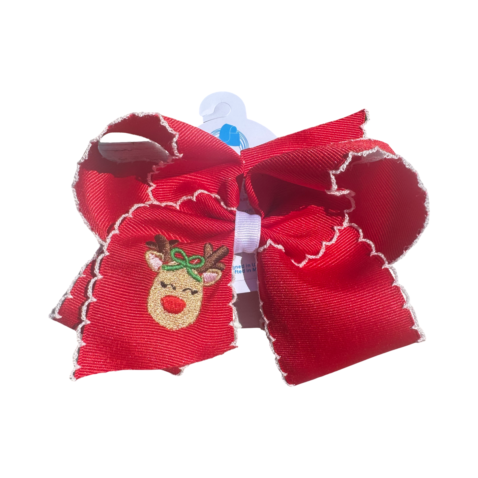 Wee Ones Med Grosgrain bow with Moonstitch Edge Reindeer Embroidery