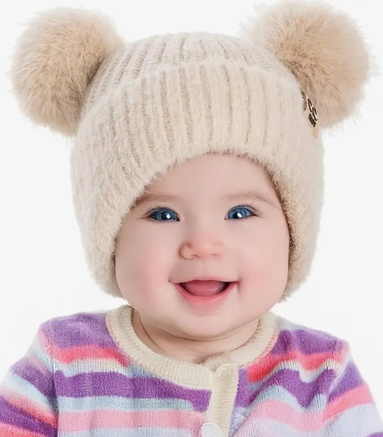 Infant Double Pom Chenille Earflap Beanie - Beige