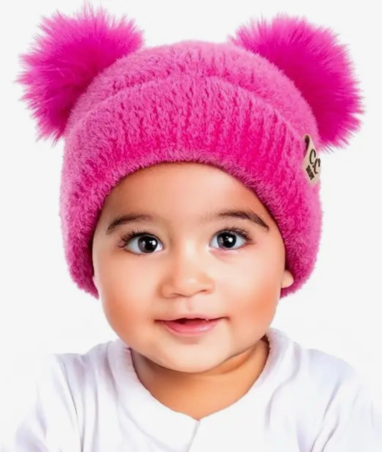 Baby Double Pom Chenille Beanie-Hot Pink
