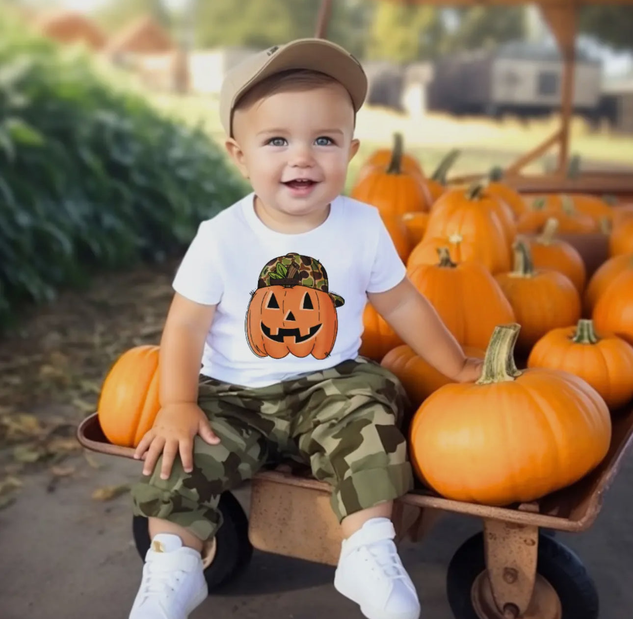 Pumpkin with Backwards Camo Hat Boys Halloween
Tee Shirt