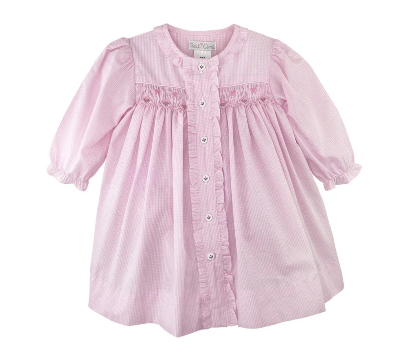 Long Sleeve Button Down Front Dress with Smocking