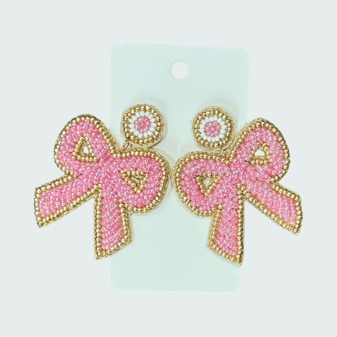 Beaded Pink Bow Earrings