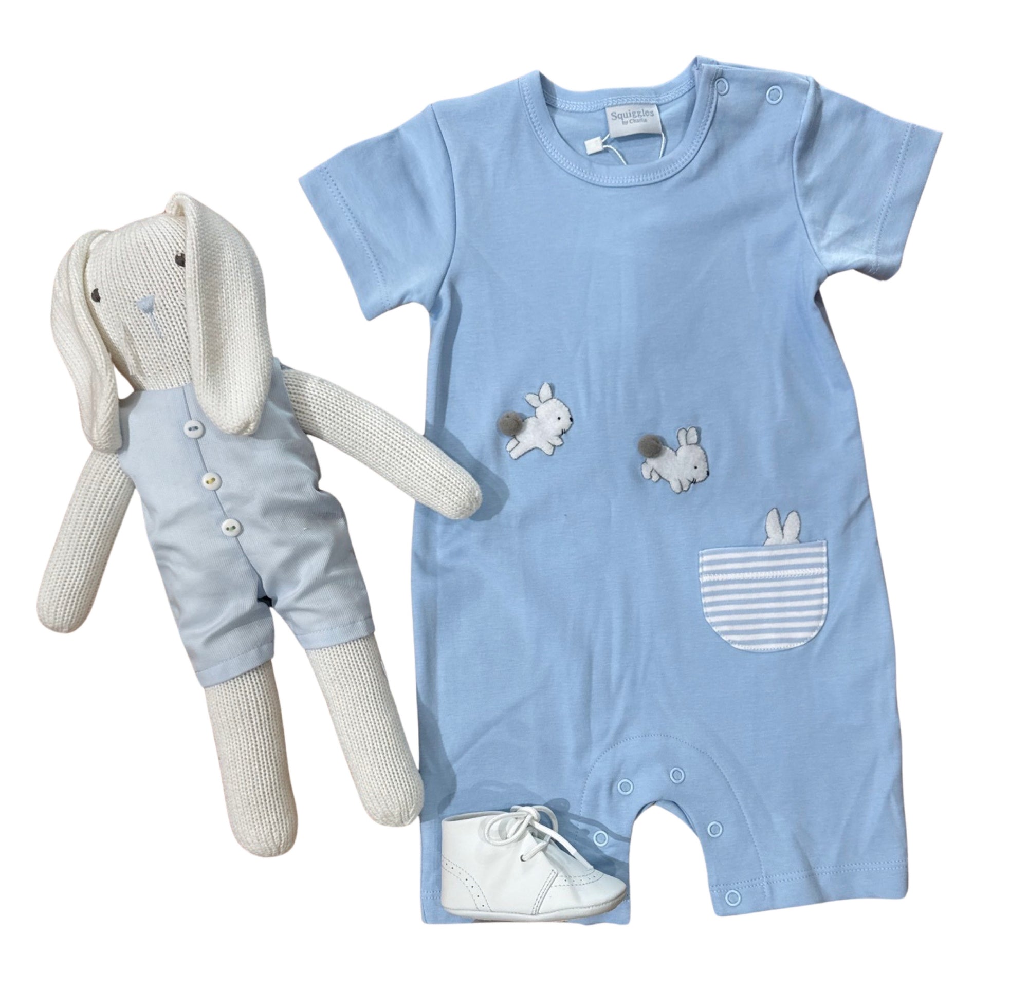 Squiggles Appliqué Bunny Hop With Ears Boy Romper