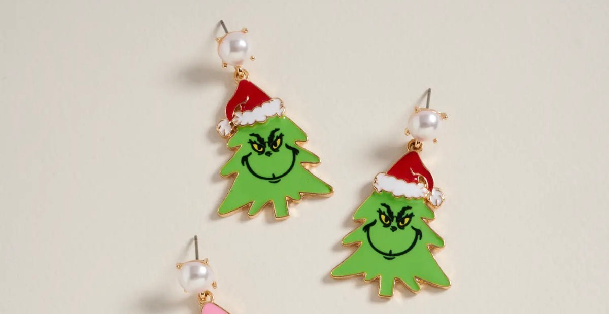 Grinch Tree w/Santa Hat Earrings