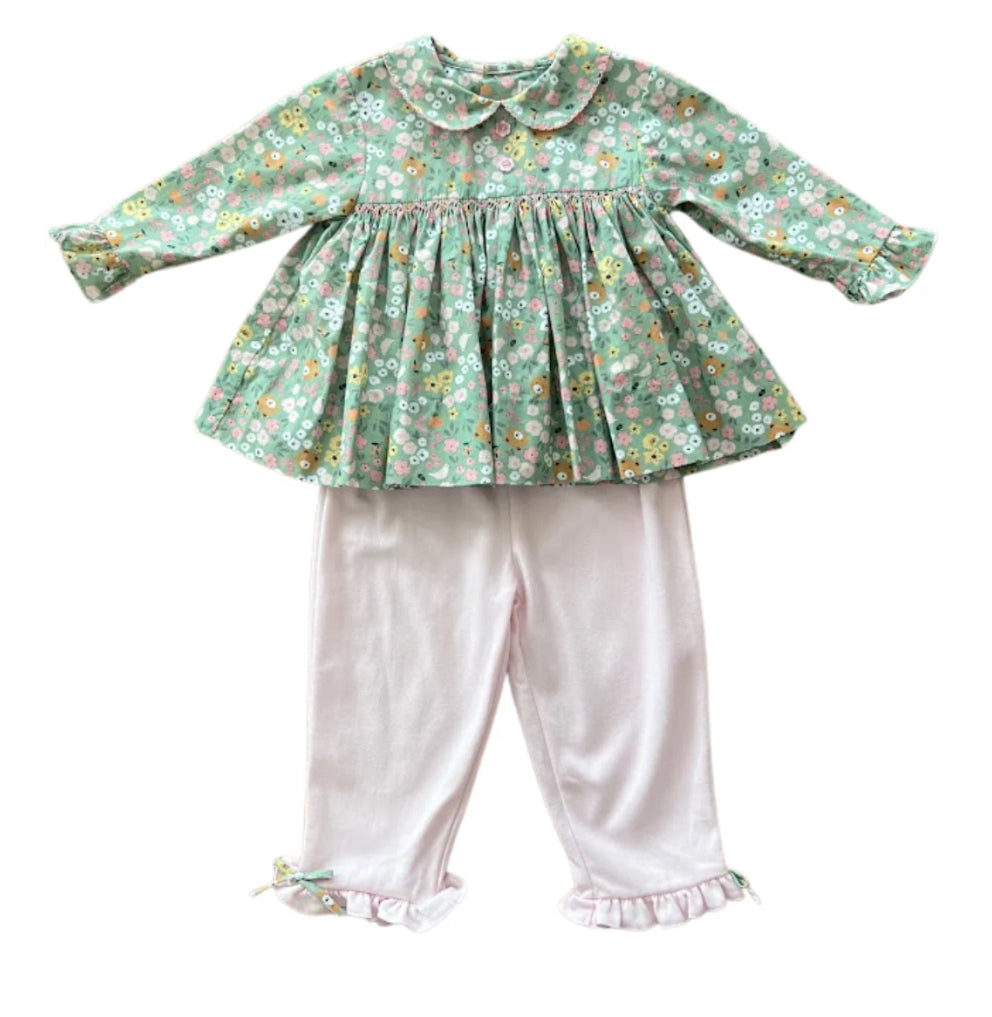 Floral Smocked Top & Pink Ruffle Pant Set