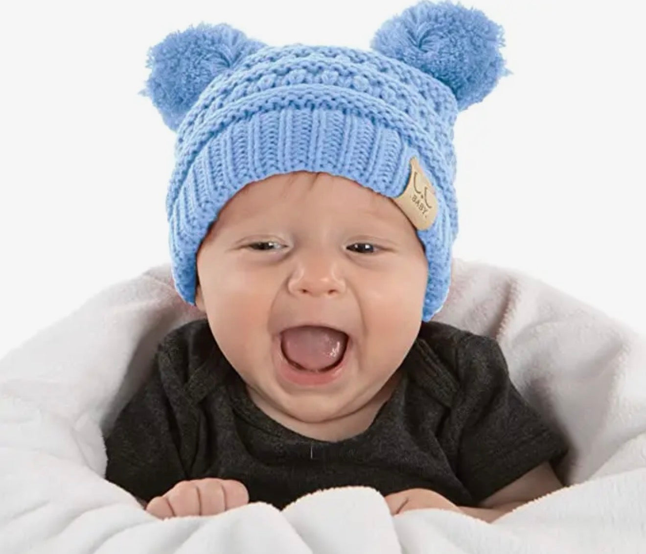 Baby Double Pom Beanie-Pale Blue