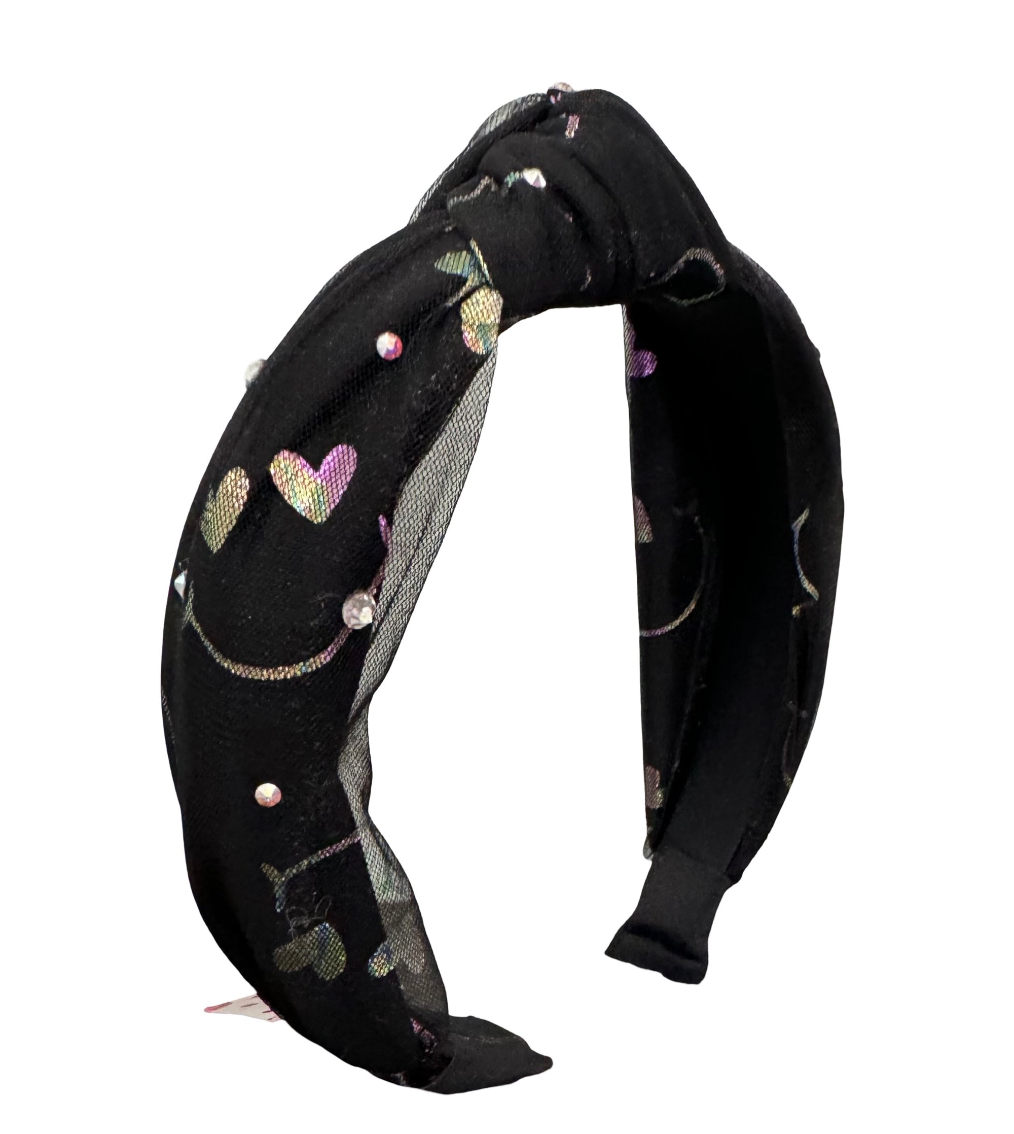 Bari Lynn Black Rhinestone Heart Smiley Knot Headband