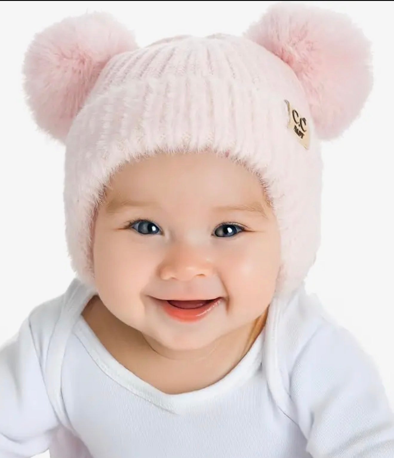 Infant Double Pom Chenille Earflap Beanie - Light pink