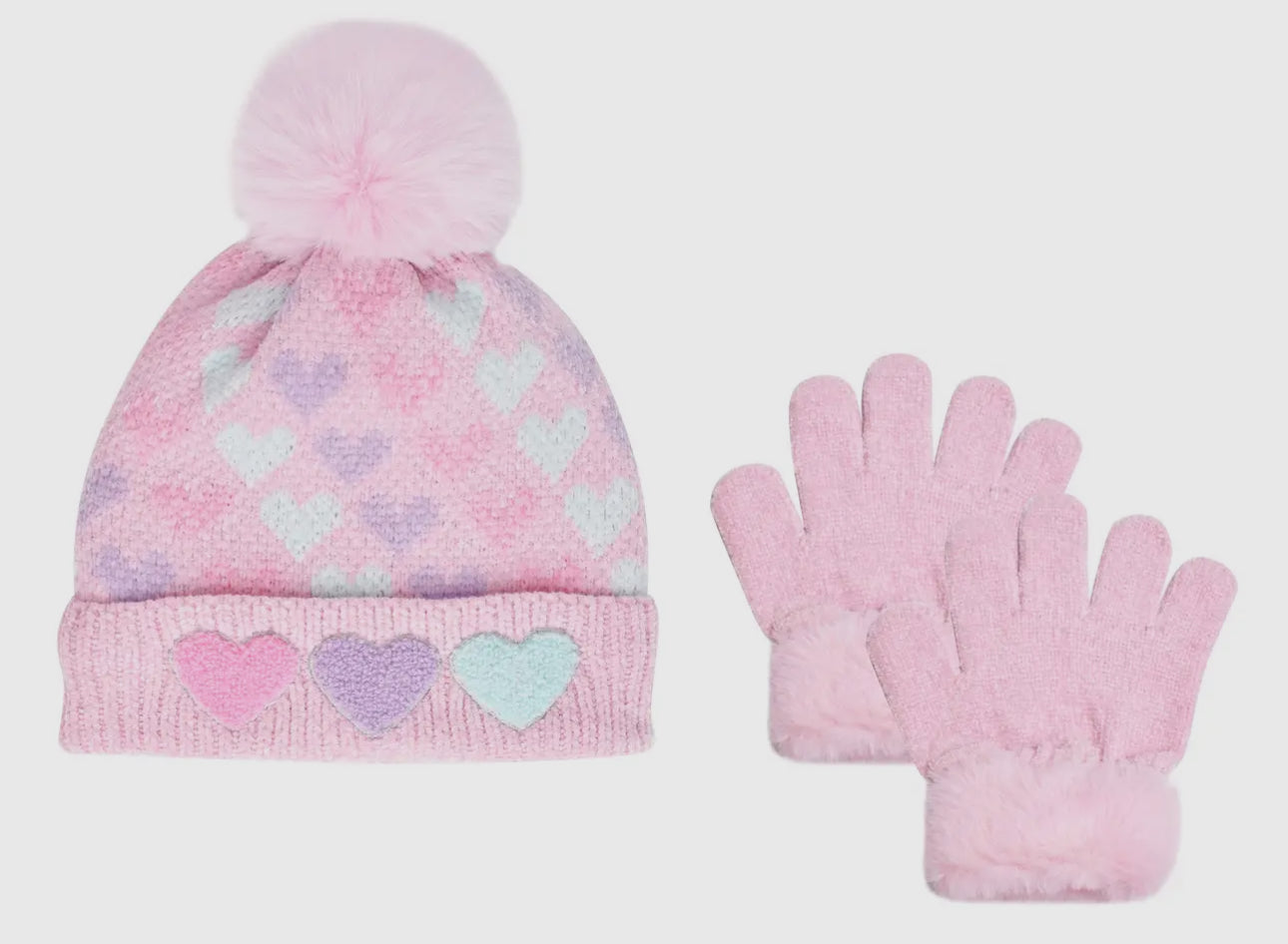 Heart Printed Chenille Hat
& Glove Set