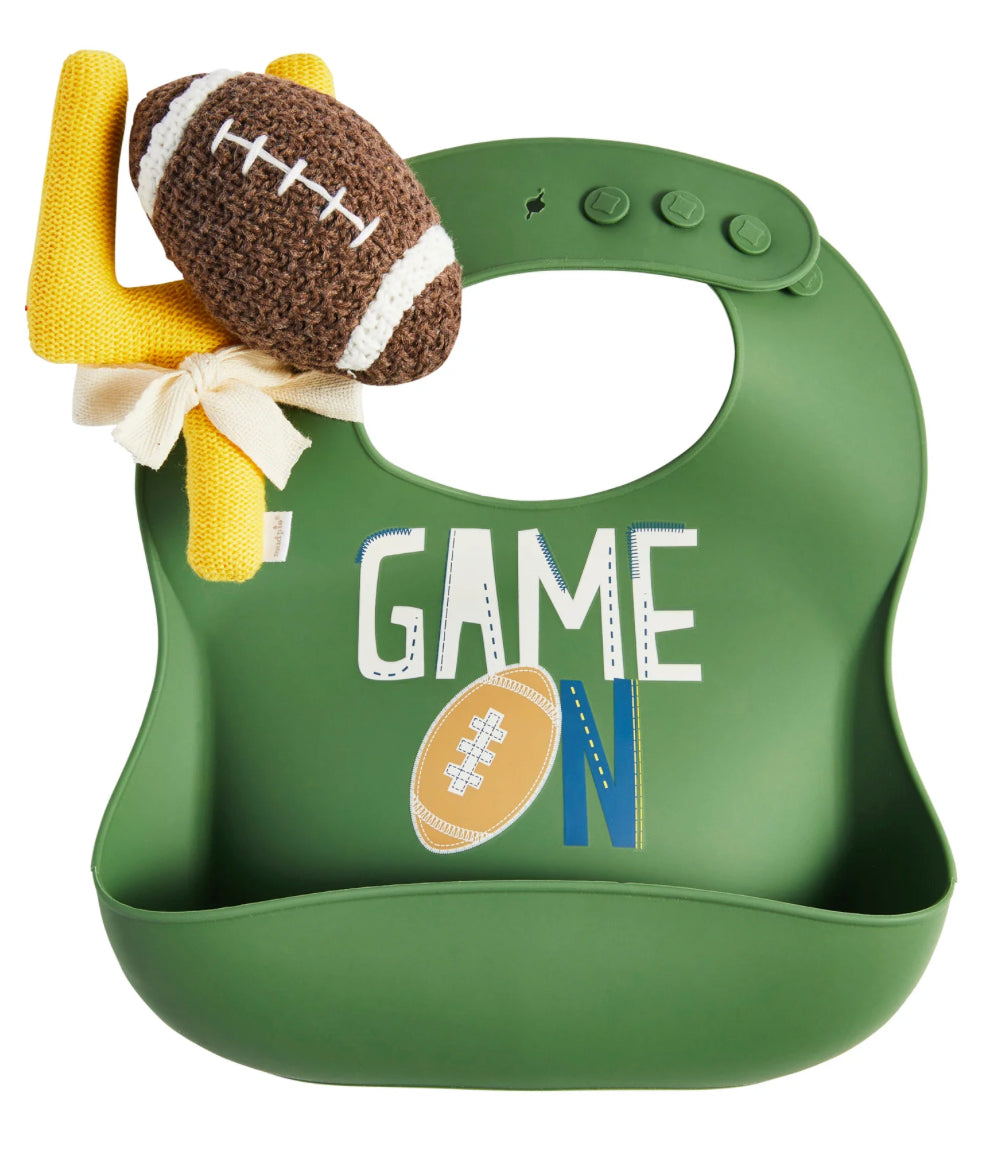 Mudpie Football Silicone Bib and Rattle Set