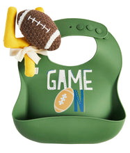 Load image into Gallery viewer, Mudpie Football Silicone Bib and Rattle Set
