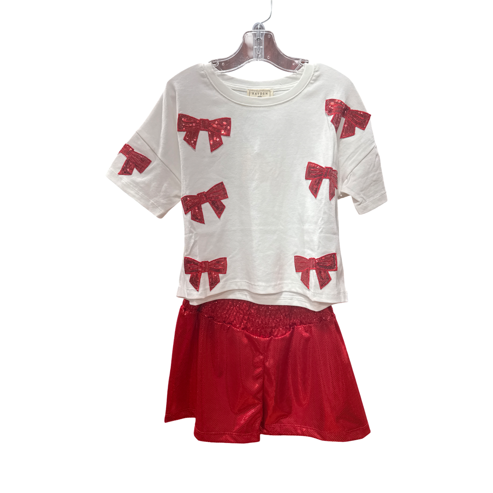 Girls Cropped Tee with Red Sequin Bows