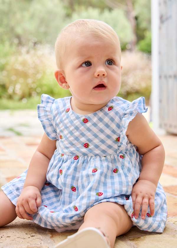 Baby Girl Blue & White Gingham Strawberry Appliqué Dress
