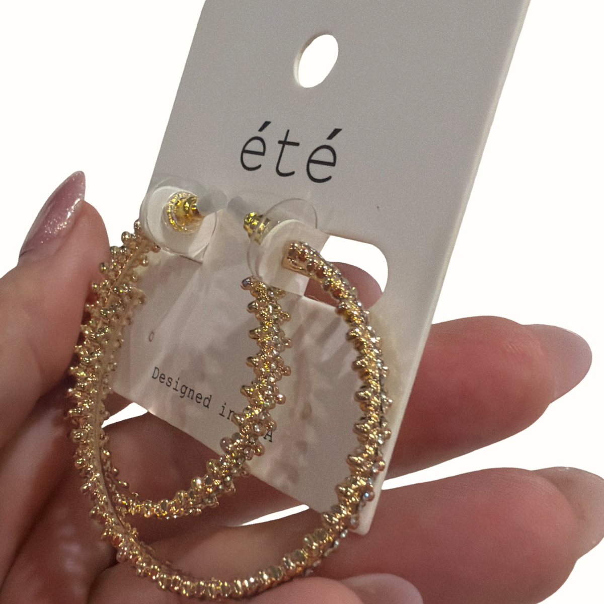 Shiny Gold & Clear Rhinestone Hoop Earrings