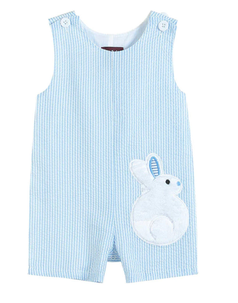 Lil Cactus Light Blue Seersucker Fuzzy Bunny Shortalls