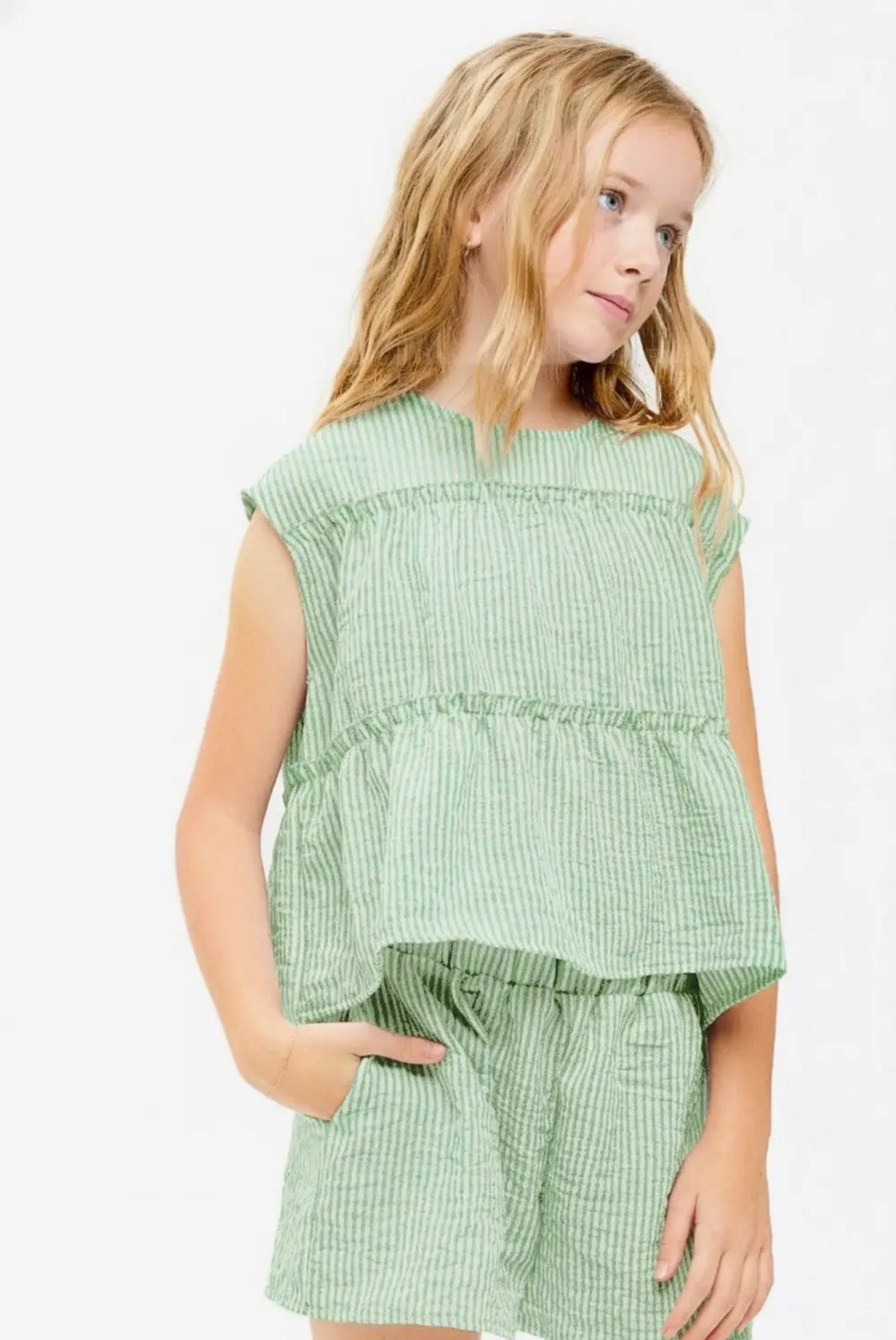 Striped Gauze Tiered Ruffle Top and Short Set