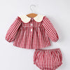 Christmas Tree Embroidery Red Gingham Long Sleeve Baby Girl Bloomers Set