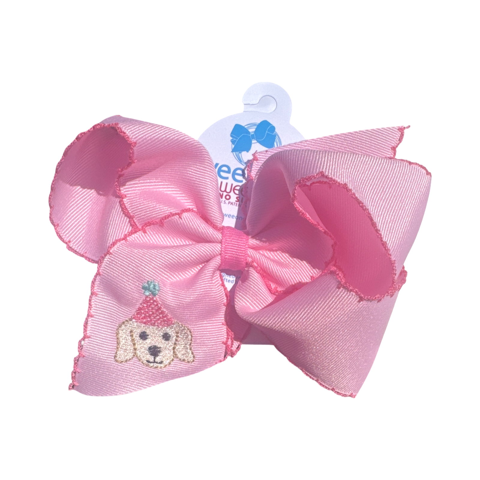 Medium Grosgrain Hair Bow with Moonstitch Edge Dog with Birthday Hat Embroidery